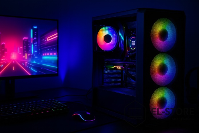 Kompletne stanowisko gamingowe z komputerem Pricemax AX9 ARGB, monitorem, myszką i klawiaturą RGB na tle nowoczesnego wnętrza.